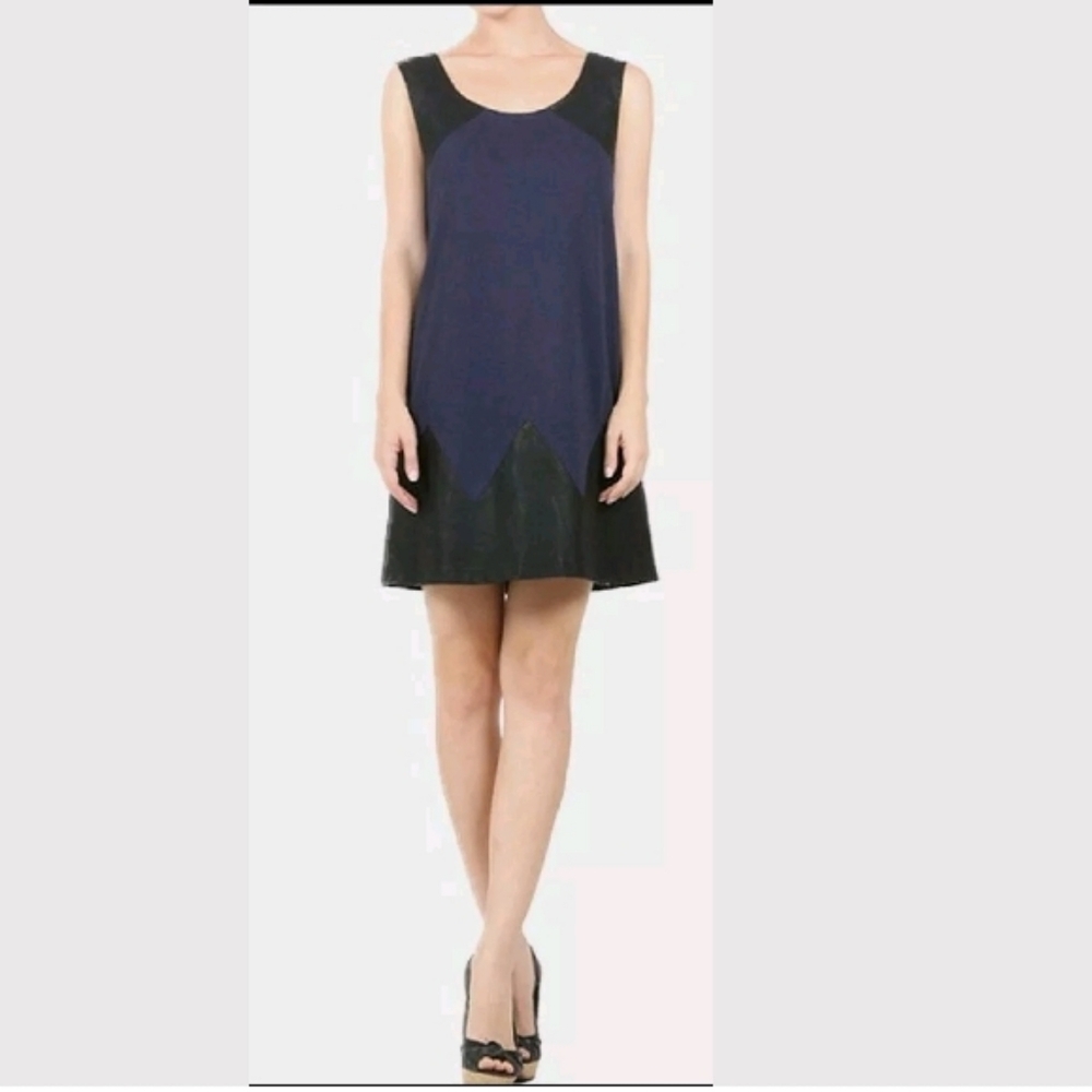 Navy Blue Black Faux leather Women's mini dress S